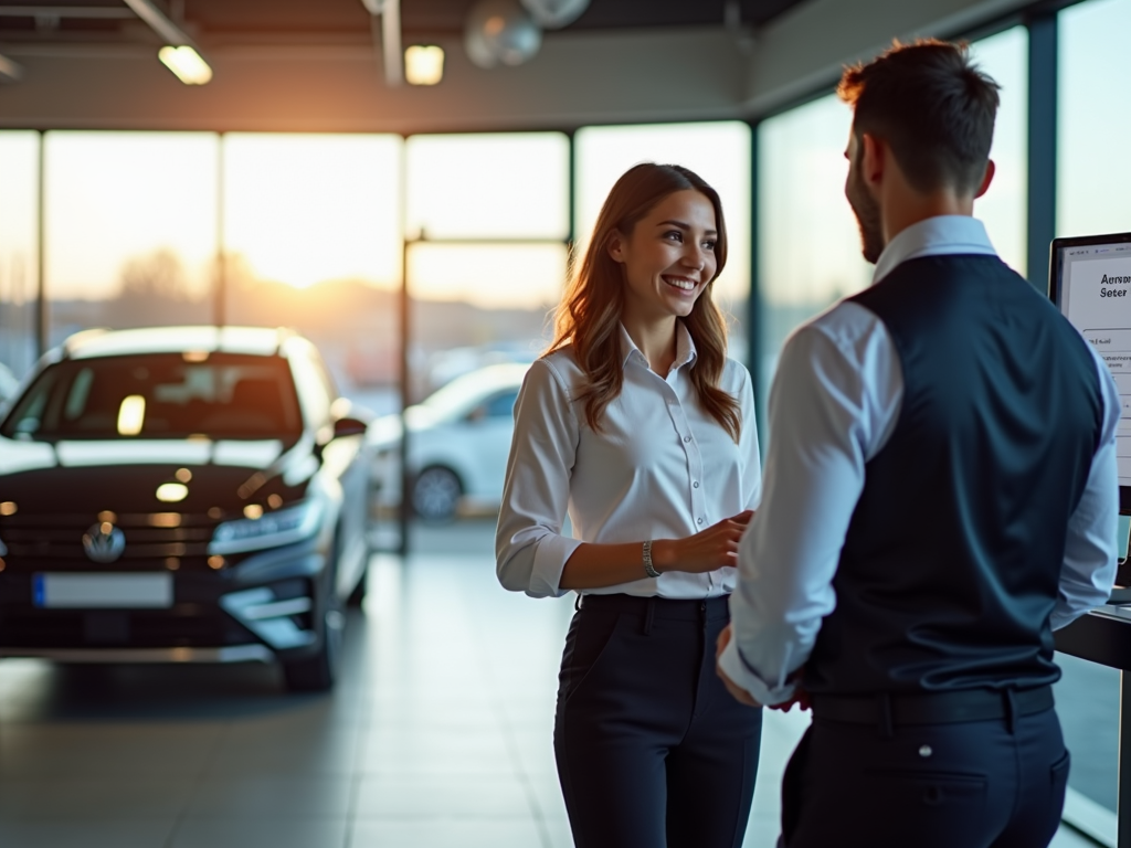 A modern automotive service center with natural light, featuring a friendly representative assisting a satisfied customer at a kiosk, and a pristine vehicle in the background.